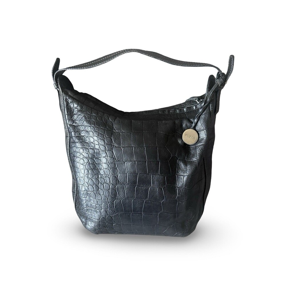 Furla Black Crocodile Leather Embossed Hobo Bag